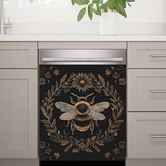 Flower and Bee Dishwasher Cover Sticker Decal, Black, Modern, Floral, Vinyl, Rectangular, Indoor, 23W x 26H inchs