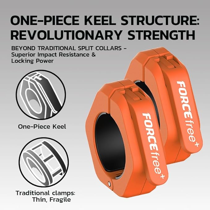 Forcefree+ Barbell Clips (Pair), Barbell Clamps, Quick Release Olympic Barbell Clamps with Anti Slip TPR Grip, Barbell Collars for Secure Weightlifting & Powerlifting (Non Magnetic, Orange)