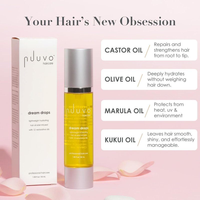 Nuuvo Dream Drops Hair Oil - 1.7oz, Lightweight Hydrating Treatment with Castor, Jojoba, Avocado & Argan Oil - Heat Protectant Detangling Serum for Dry, Damaged or Frizzy Hair for Shine & Strength