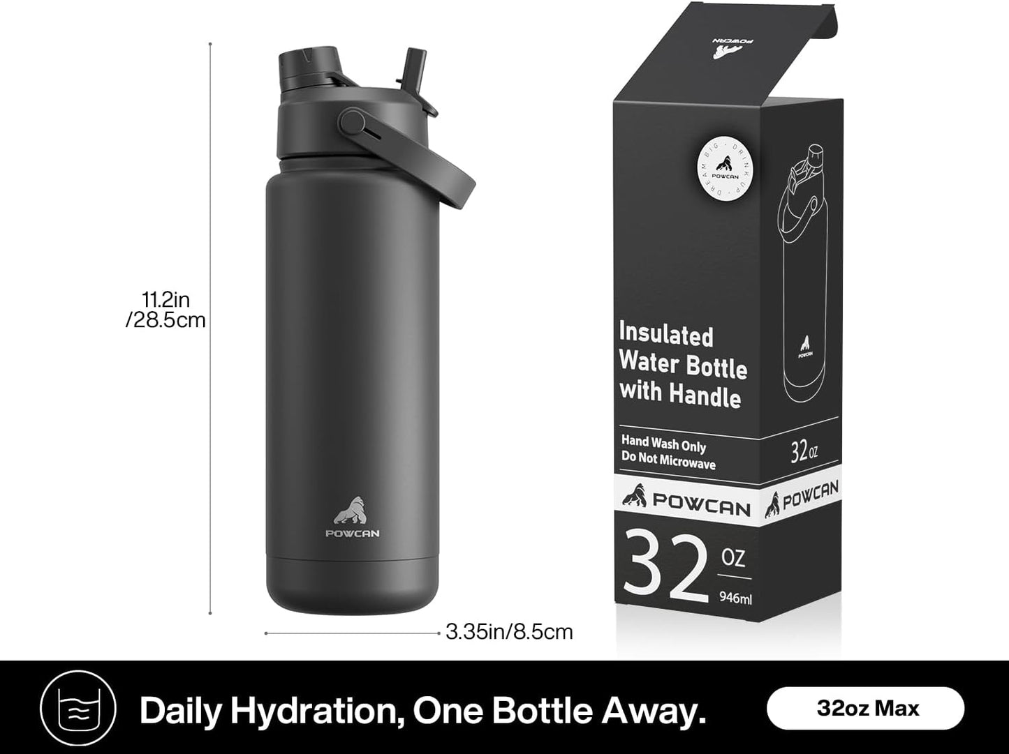POWCAN 32 oz Insulated Water Bottle - 2-in-1 Straw & Spout Lid, Keeps Drinks Cold 24H, BPA-Free (Dark Knight)