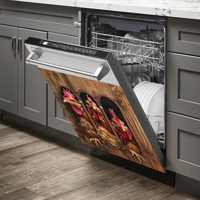 Wood Board and Rooster Painting Dishwasher Magnet Cover Sticker Magnetic Refrigerator Panel Sticker Decorative Front Door Decal 23W x 26H inchs