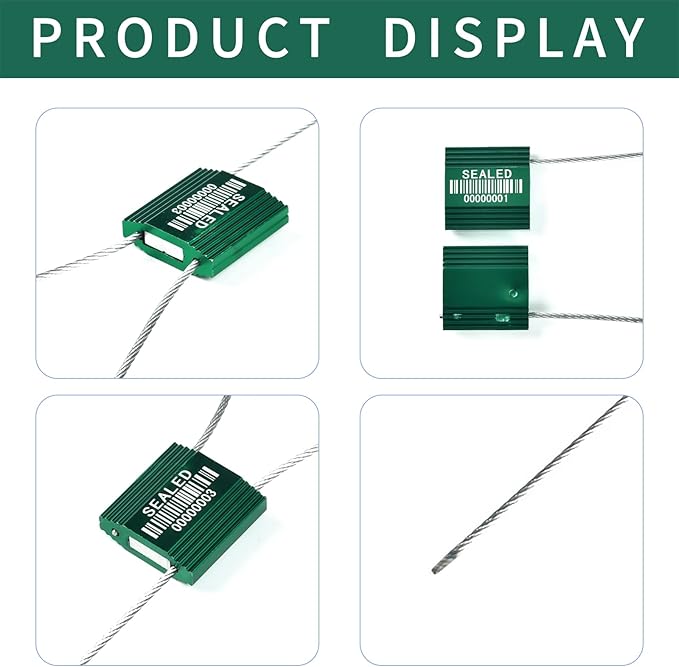 LeadSeals 100 Green Steel Cable Seals With Barcode - High Security Numbered Truck Anti-Tamper Pull Tite Tags - Metal Container Shipping Self-Locking Safety Ties ISO 17712
