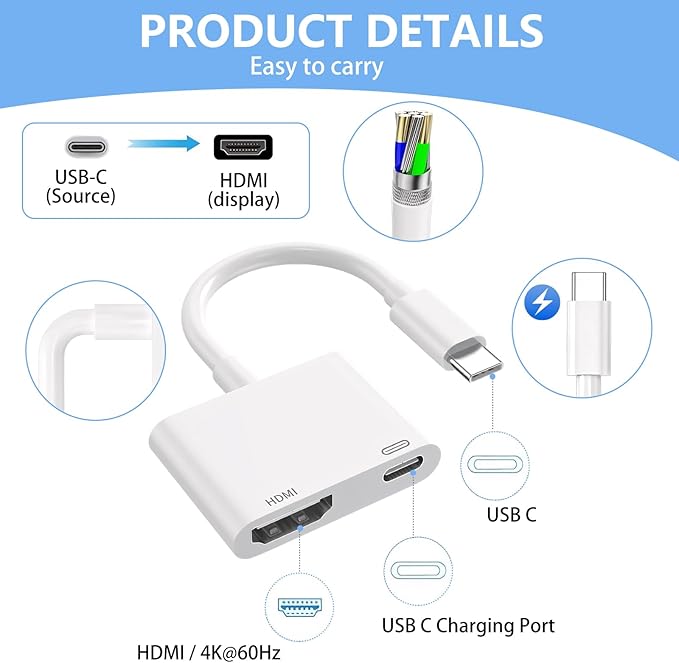 Kinhaly USB C to HDTV for TV, 4K@60Hz Type C to Adapter with Charging Port, iPhone to HD to USB C Adapter Compatible for iPhone 16/15 Series/iPad Pro/Galaxy/MacBook Pro to HDTV Projector