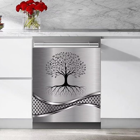Stainless Steel Design Tree Wallpaper Magnet Dishwasher Cover Sticker,Kitchen Decor Refrigerator Magnets Decorative Fridge Magnetic Decal Vinyl Panel 23Wx17H inch