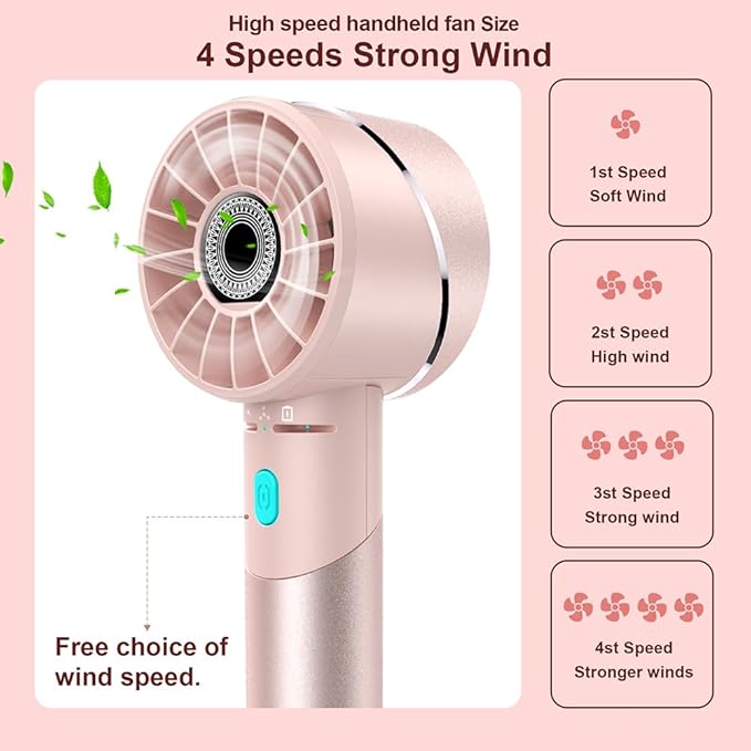 Handheld Fan, Mini Small Portable Turbo Fan, USB Type-C Rechargeable with 4 High Speeds Personal Fans, Max 16 Hours Working Time, Small Hand Fan for Travel, Camping, Office, Home, Outdoor - Pink, G3