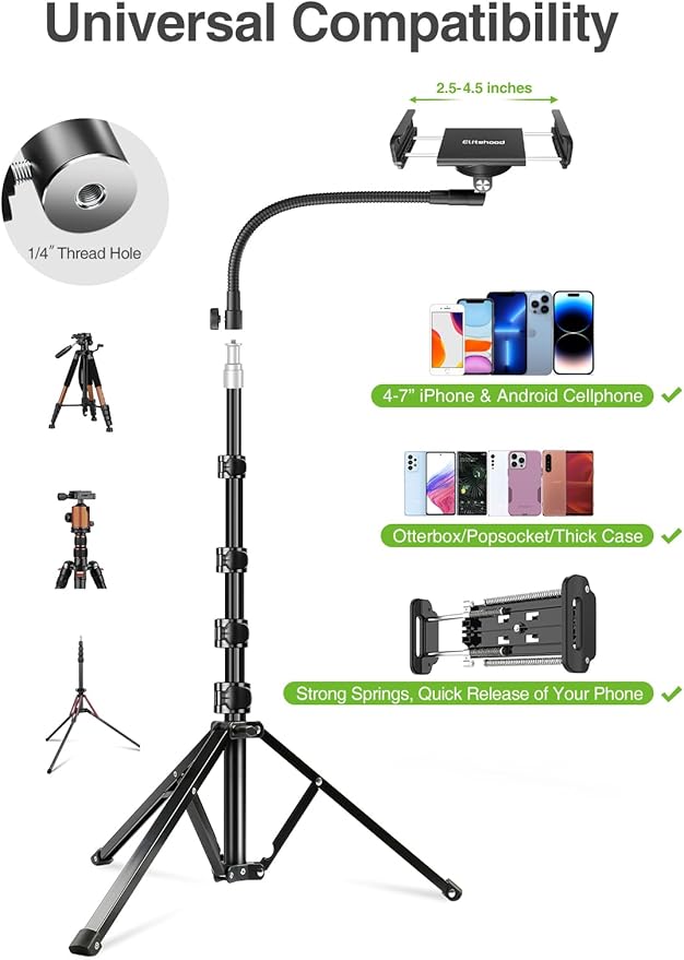 elitehood 80” Tall Phone Stand Tripod, Floor Phone Recording Holder, Heavy Duty Adjustable iPhone Tripod Stand Compatible with iPhone 15 14 13 12