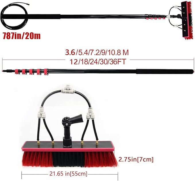 Telescopic Cleaning Brush, Multi-Purpose Water Spray Brush, Solar Panel Cleaning Equipment, Telescopic Hydrocleaner, 3.6m-10.8m, Roof Cleaning Tools Window Cleaner Kit,12ft/3.6m-55cmBrushhead