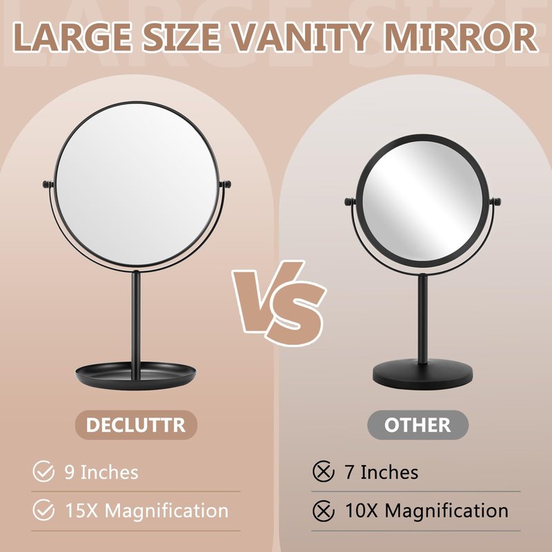 DECLUTTR 15X Magnifying Makeup Mirror, 9 Inch Tabletop Mirror on Stand, Large Double Sided Mirror for Desk, Black