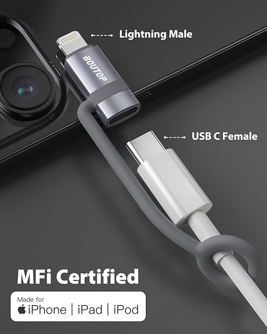 BOUTOP [MFi Certified] USB C to Lightning Adapter Support 36W PD Fast Charging with Anti-Loss Design Compatible with iPhone Gray -2 Pack