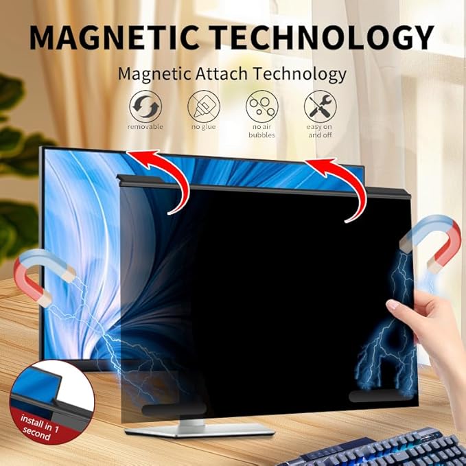 Hoktods Magnetic Computer Privacy Screen Filter 27 Inch, Removable Hanging Aluminum Alloy Privacy Shield for 16:9 Widescreen Monitor, Anti Spy Anti Scratch Anti Glare Blue Light Screen Guard
