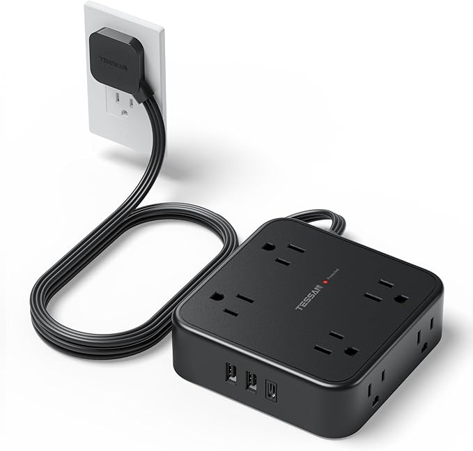 TESSAN Surge Protector Power Strip, 5 Ft Flat Plug Extension Cord with 3 USB (1 USB C) 8 Outlets, 1250W, 900J Protection, 3 Sided Outlet Extender with Power Switch for Office, Dorm Room, Black