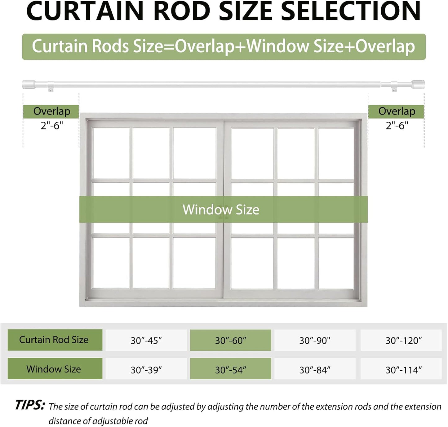 Skiennix Adjustable Curtain Rods - 5/8” Diameter, 30-60 Inch for Windows | White with Brackets
