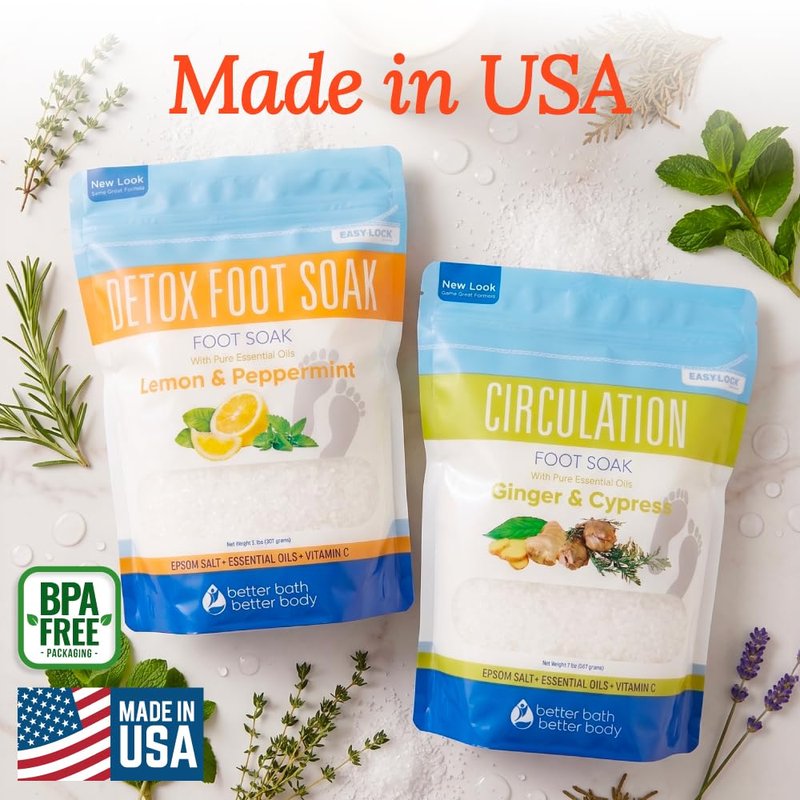2 Pack Foot Soak Salts Bundle for DIY Foot Spa with Bamboo Scoop (2 lbs Each 4 lbs Total) for Discomfort and Dry Skin Made in USA with BPA Free Easy Lock Pouch