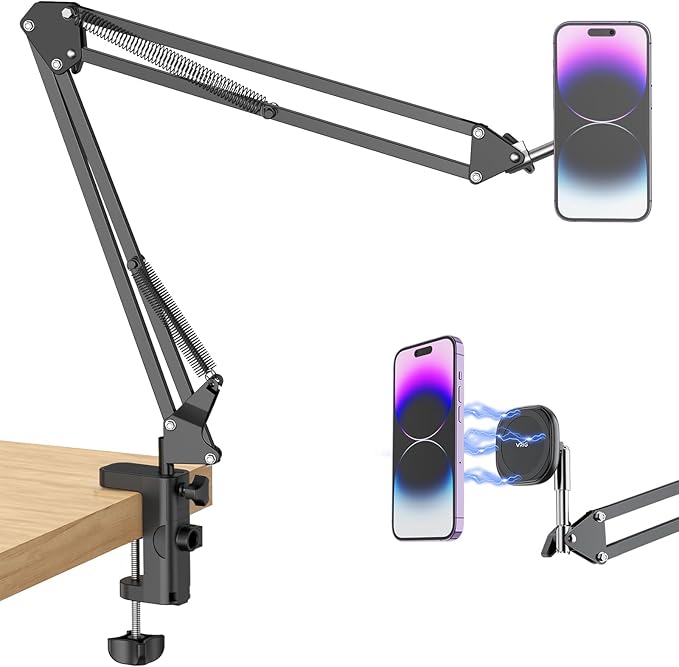 VRIG Magnetic Phone Holder Mount for Bed, Magsafe Flexible Arm Overhead Desk Phone Mount Stand, Adjustable Bedside Laying Down Tablet Mount for iPhone17 16 15 14