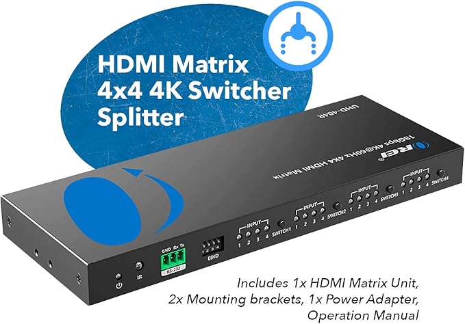 OREI 4K@60Hz 4×4 HDMI Matrix Switch with Downscaler & ARC, 18Gbps, HDCP 2.2, HDR, Audio Extraction (Optical & Analog), 4K-to-1080p Scaling, IR Remote (UHD-404R)