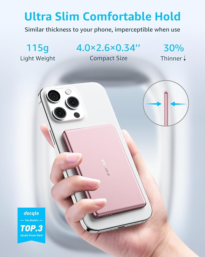 decqle “Air” Power Bank for MagSafe 5000mAh, Ultra Slim Magnetic Wireless Portable Battery Charger Case with USB-C Cable, Compatible with iPhone 17/16/15/14/13/12 Series Only (Pink)