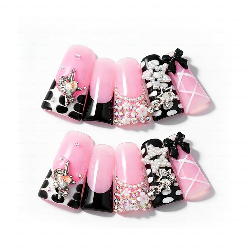 IntoVibes 10 Pieces Luxury Acrylic Press On Nails Long Handmade Duck Nails, Black Thickened False French Nails, With 3D Bowknot And Stars, Reusable Fake Nails, Acrylic Nails (M)