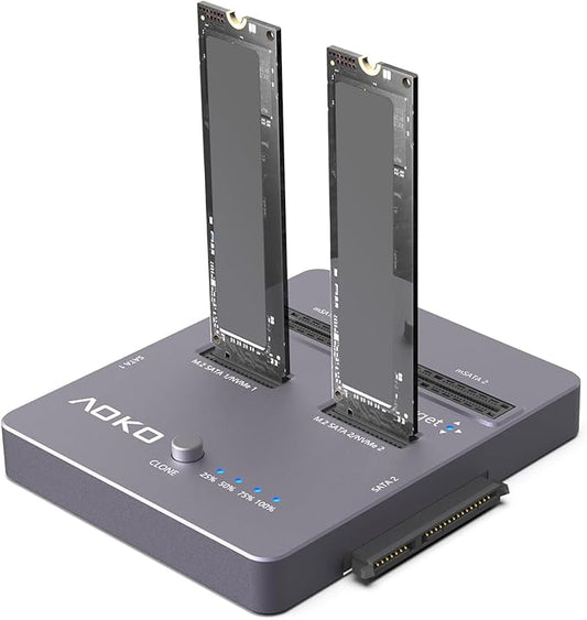 AOKO M.2 NVMe SSD Cloner, Dual-Bay 4-in-1 Hard Drive Docking Station,Hard Drive Reader/Cloner for M.2 PCIE NVME+mSATA & SATA 2.5"/3.5" HDD,Offline Cloning Without PC