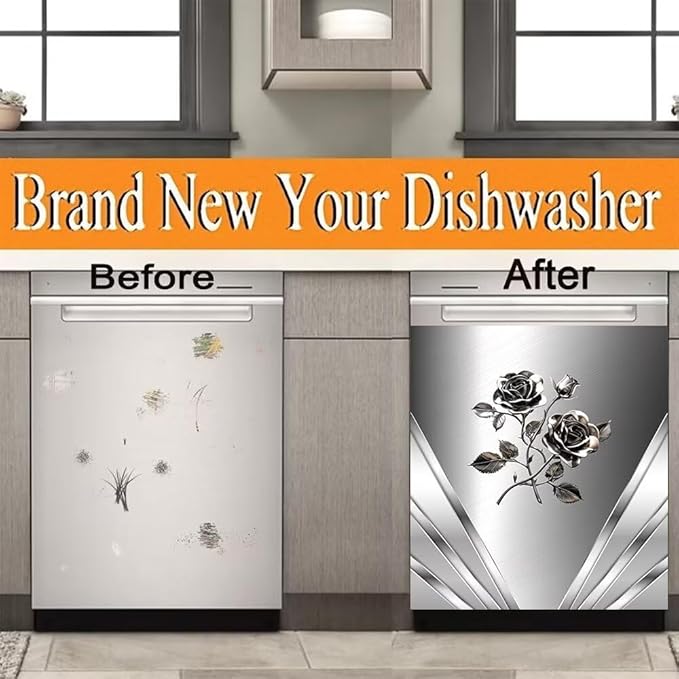 Magnetic Dishwasher Stickers Cover for Front Door,Stainless Steel Design Flower Pattern Refrigerator Magnetic Cover Kitchen Decorative,Home Appliance Vinyl Sticker 23W x 26H inchs