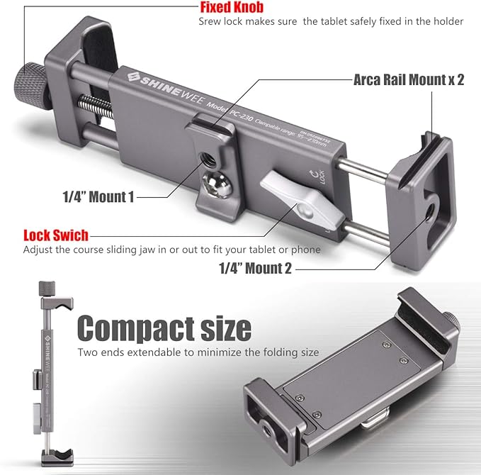 SHINEWEE Full Metal Tablet Tripod Holder - Compatible with iPad mini/Air/Pro | 1/4" Screw & Arca-Swiss Dovetail Mounts | Universal Tablet Clamp Adapter