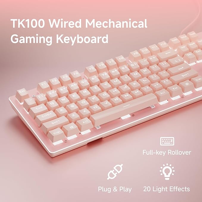 SEUNKWANG EWEADN TK100 Typewriter Keyboard Wired Mechanical Keyboard, 104 Keys Aesthetic Typewriter Keyboards with White Backlit, Anti-Ghosting, Blue Switch Wired Cute Keyboards-Pink