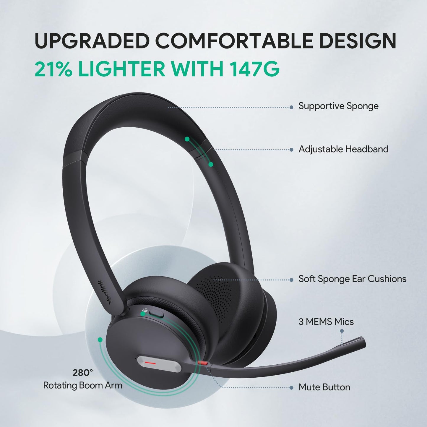 Yealink BH70 with Stand, Wireless Bluetooth Headset with Microphone for Work, Up to 35 Hours Talk Time, Teams Certified, ≤90 Minutes Quick Charging, USB-C/A Adapter, No Power Adapter Required