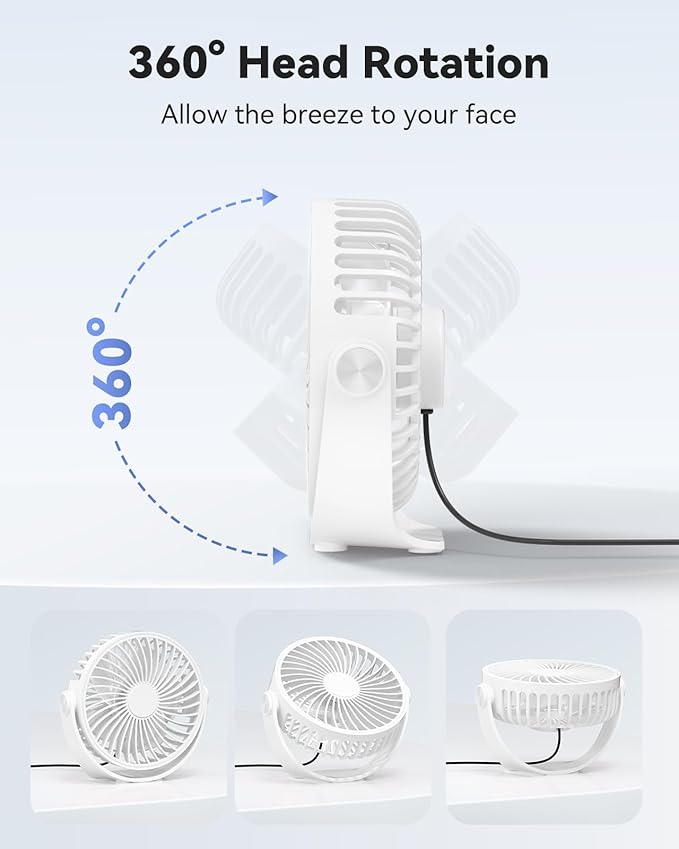 Edvision USB Desk Fan, 5 Inch Mini Portable, 3 Speeds Strong Airflow Personal Desktop, Detachable Cooling Fan 360° Rotation Quiet Small Fan for Desk Home Office Travel Car, White, 5ft Cable