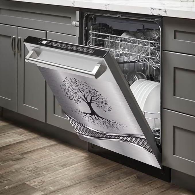 Stainless Steel Design Tree Painting Magnetic Dishwasher Cover Sticker,Kitchen Decor Magnet Cabinet Fridge Panel Decal Sticker 23W x 17H inchs