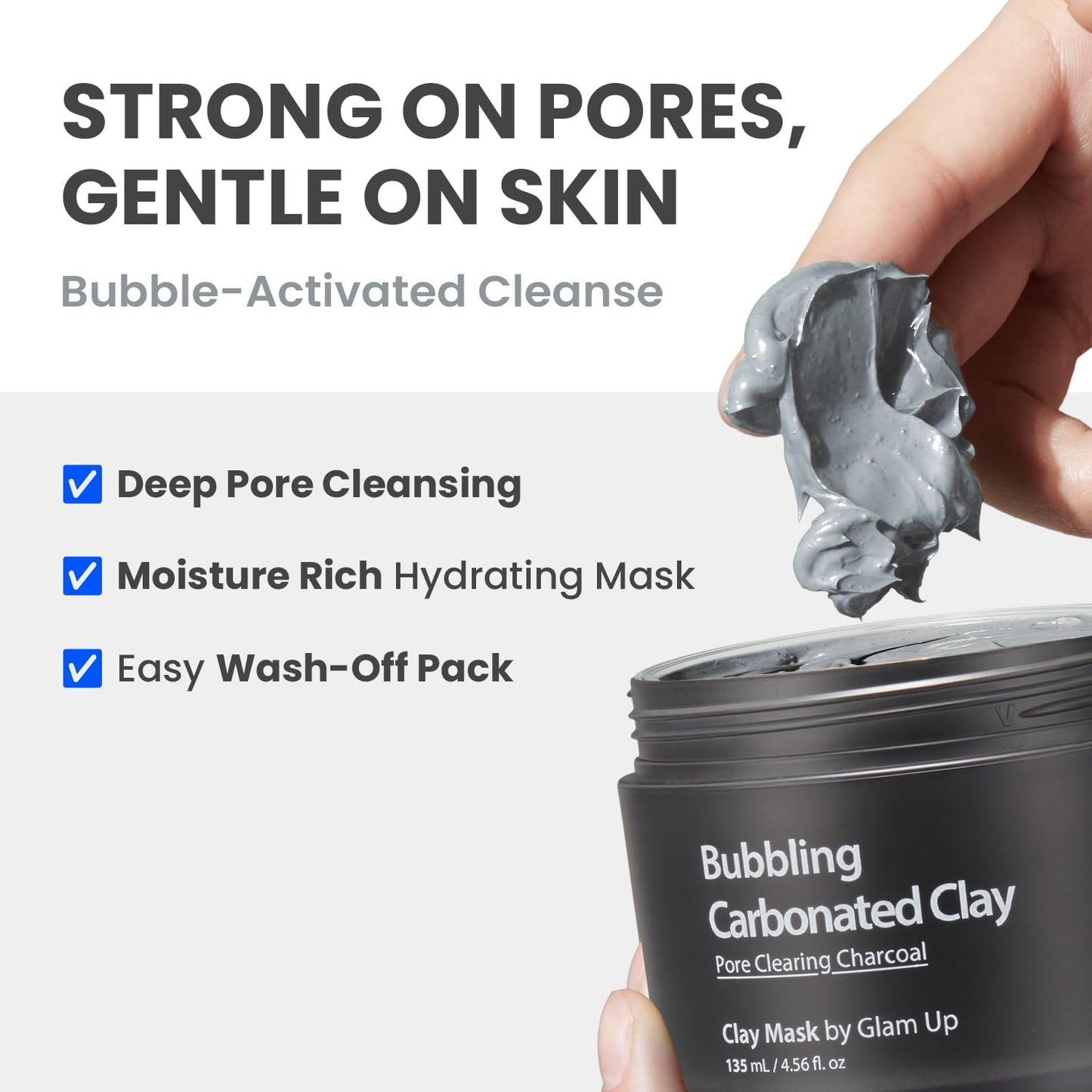 GLAM UP Clean Bubbling Carbonated Clay Mask for Face, Easy-Wash Off Pack, Deep Cleansing, Refreshing Skin Clay Mask, Korean Vegan Skin Care 135ml (4.56 Fl Oz)