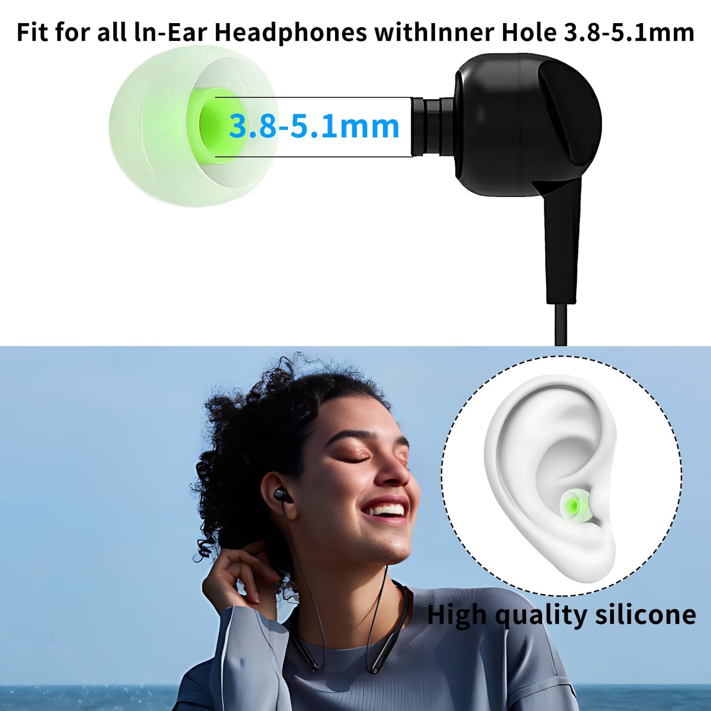 TSZYYM Earbud Tips Soft Anti Slip Washable Reusable Silicone Fit Most In-Ear Earbuds (Inner Hole 3.8mm-5.1mm) 18pcs S M L