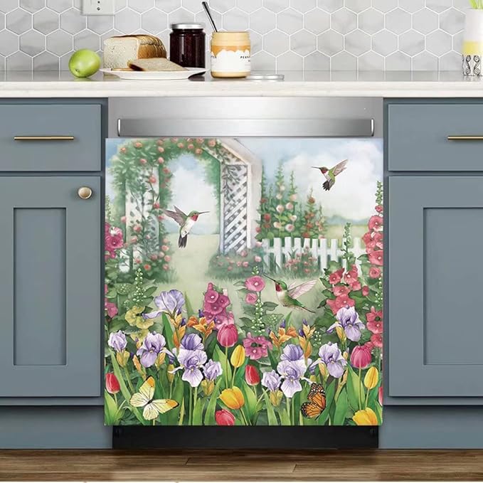 Garden Flower Cover Dishwasher Magnet Door Sticker,Spring Floral Refrigerator Magnetic Bird Fridge Decal Kitchen Decorative Vinyl Panel Home Appliance Magnets 23"x26"