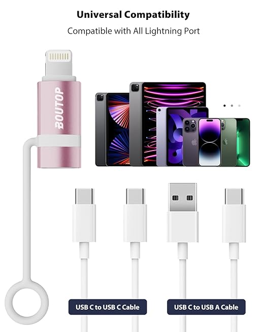 BOUTOP [MFi Certified] 36W USB C to Lightning Cable Adapter, Support Data Sync/PD Fast Charging Compatible with iPhone iPad AirPods, with Anti-Lost Holder - Rose Gold 3 Pack