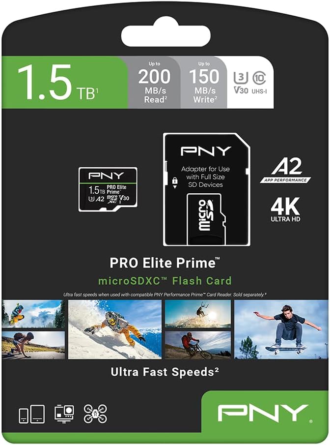 PNY 1.5TB PRO Elite Prime™ C10 U3 V30 A2 microSDXC Flash Memory Card – Ultra-Fast Speeds, Read 200MB/s, Write 150MB/s, 4K UHD, Full HD, UHS-I, for Smartphones, Drones, Action Cameras