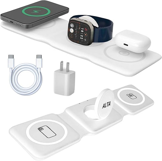 3-in-1 Magnetic Wireless Charger for iPhone, Apple Watch & AirPods – Fast Charging Station, Foldable Dock for Travel & Desk, Compatible with All iPhone Models, with 20W Adapter