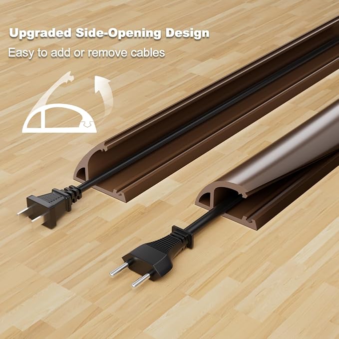 Kneelisa 4FT Side-Open Extension Cord Covers for Wires on Floor,Silicone Power Cable Protector Cord Hider Management Strip,Hide Electric Wire on Carpet,Chord Runner Protective Safety,Brown