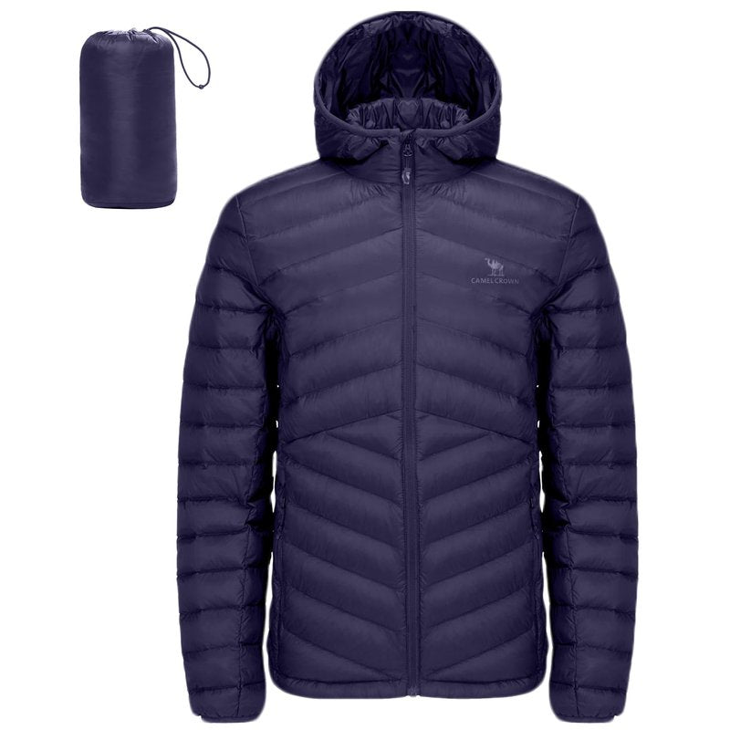 CAMEL CROWN Men Packable Down Jacket Hooded Lightweight Puffer Insulated Coat for Travel Outdoor Hiking