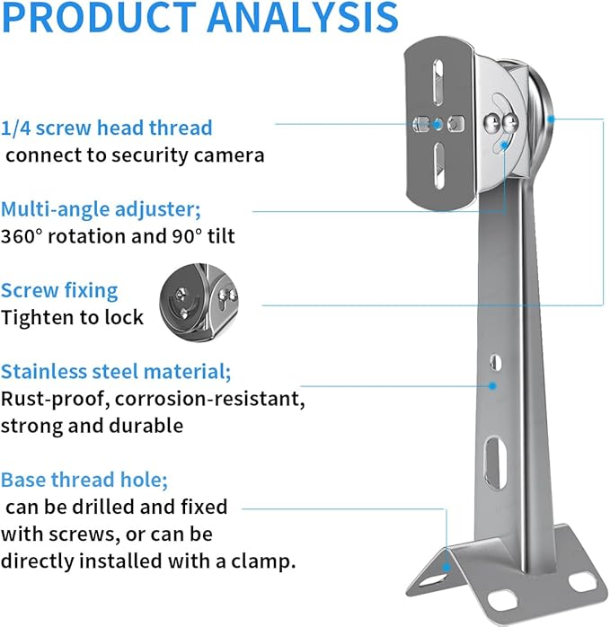ZT-NET ZT-NET Security Camera Corner Pole Mounting Bracket Stainless Steel Mount with Extension Arm for Surveillance Systems Compatible with CCTV IP Cameras Indoor and Outdoor (Not Included Camera