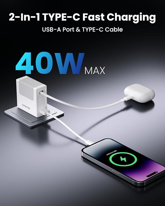 Gitryin 4 Type-C Retractable Wall Chargers with 1 USB A Port and 1 Power Strip, 12-in-1 Modular Charging Station