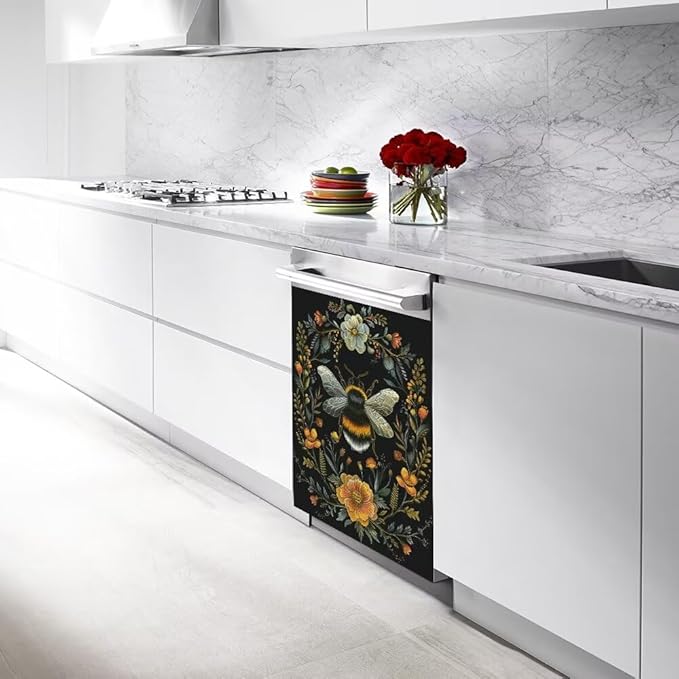 Flower and Bee Pattern Dishwasher Magnet Cover Sticekr - Kitchen Decorative Fridge Panel Decal - Kitchen Appliances Decorate Sticker - 23W x 26H inchs