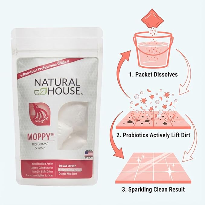 Natural House Moppy - Probiotic Floor Cleaner Pods - No Residue Formula - Multi-Surface Safe - Orange Mint Scent - 60 Count