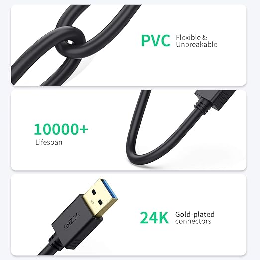 VCZHS Tech USB 3.0 Extension Cable 25 FT, Heavy-Duty 22AWG Power Wire, USB Extender Cord, High-Speed 5Gbps Type A Male to Female for Remote Printer, Webcam, and PC Peripherals