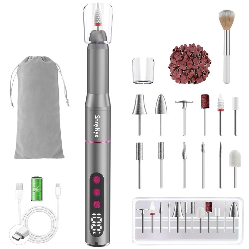 SnnyNyx Cordless Electric Nail Drill 35000 RPM, Professional Nail File Kit with LCD Display, 12 Bits & 36 Sanding Bands, for Acrylic Gel Nails, Pet Claws, Salon & Home Use (Matte Gray)