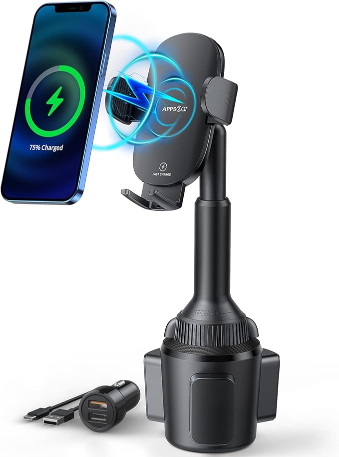 APPS2Car Cup Holder Phone Mount Wireless Car Charger, 15W Qi Fast Charging Car Mount, Adjustable Long Arm & 360° Rotation, Fits 3"–4" Round Cup Holders Compatible with All Smart Phones