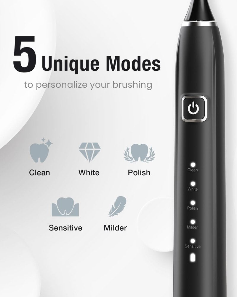 7AM2M Sonic Electric Toothbrush for Adults&Kids, Type-C Charging Run for 120 Days, with 6 Brush Heads, 5 Modes&40000VPM Powered Rechargeable Toothbrush, Travel & Home Use (Black)