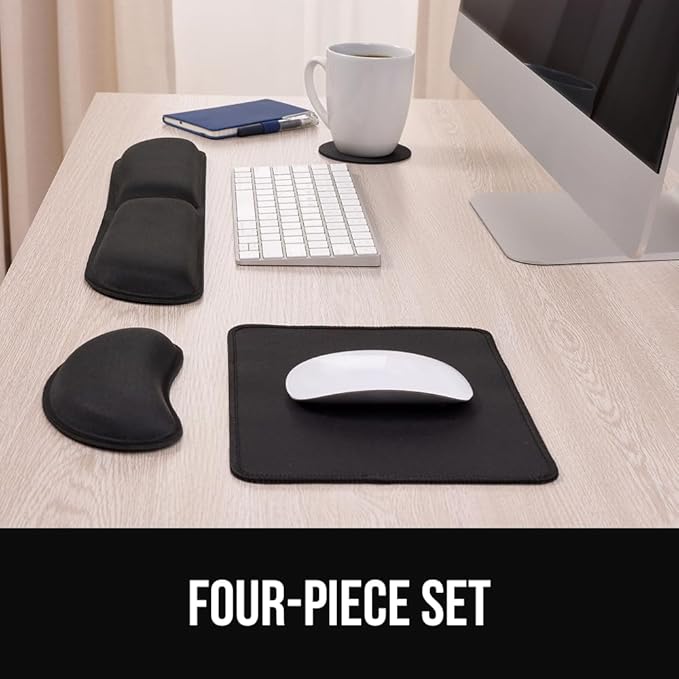 GORILLA GRIP Silky Memory Foam Keyboard Wrist Rest and Mouse Pad for Computer, Ergonomic Typing Support, Desk Office Supplies and Gaming Accessories, Hand & Arm Mousepad Cushions and Coaster Set Black