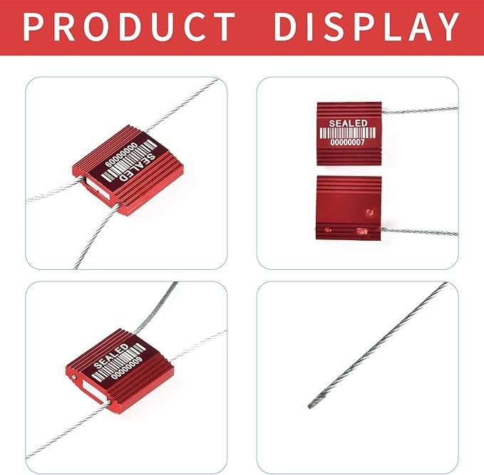 LeadSeals 100 Red Steel Cable Seals With Barcode - High Security Numbered Truck Anti-Tamper Pull Tite Tags - Metal Container Shipping Self-Locking Safety Ties ISO 17712