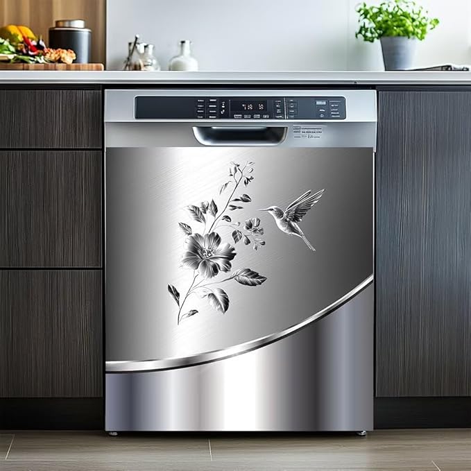 Stainless Steel Design Bird and Flower Pattern Magnetic Dishwasher Sticker Kitchen Refrigerator Magnetic Cover Decal Reusable Fridge Panel Decal Decor,23W x 26H inchse