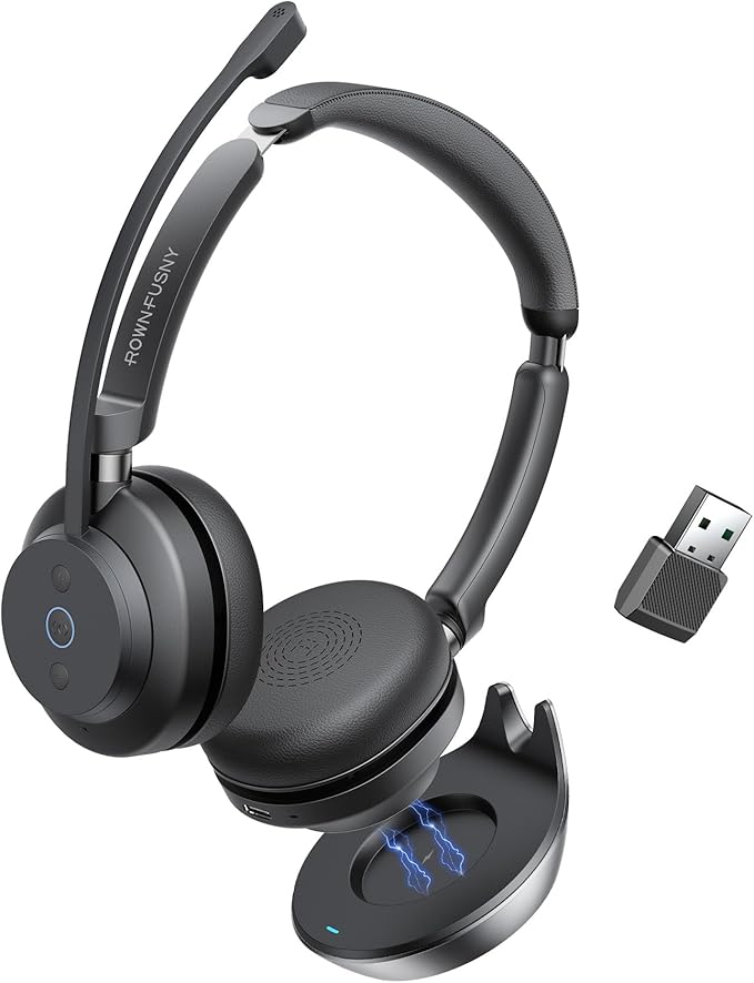 Rownfusny Wireless Headset with Mic for Work, Bluetooth Headphones with Noise Cancelling Microphone & 2.4G USB Dongle, Mute Button for PC, Laptop, Call Center, Home, Office, Zoom, Teams Meeting