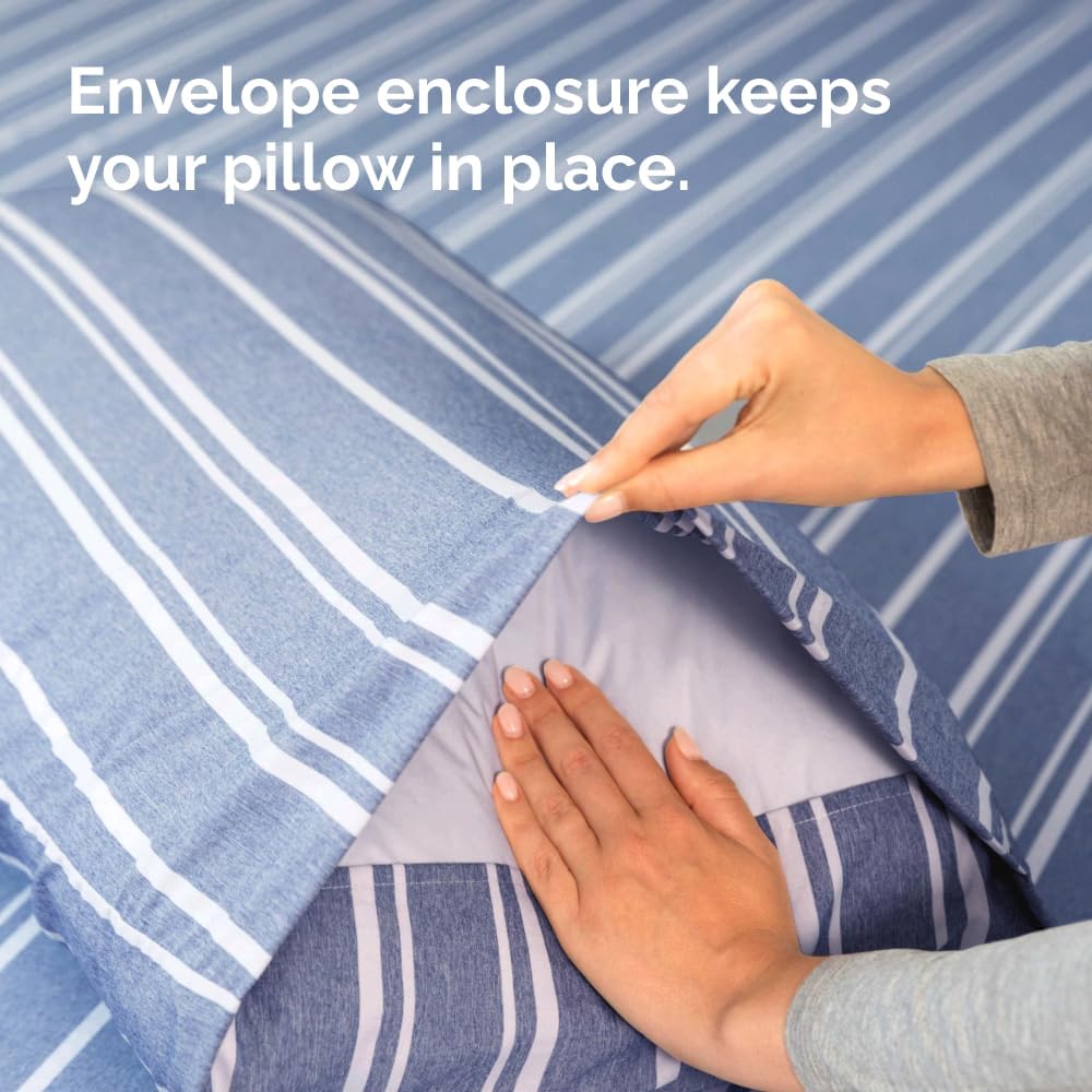 Standard Pillow Cases Set of 4 | Soft Hotel Quality Covers - Comfy & Cozy Blue Stripes - Machine Washable