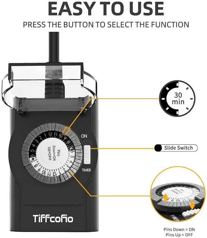 TiFFCOFiO Outdoor Timer Outlet Waterproof, 24 Hour Mechanical Light Timer Outdoor, 2 Grounded Outlets for Home and Garden, 15A 1/2HP, Heavy Duty, ETL Listed (2 Pack)